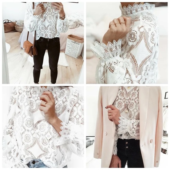 Boho White Lace Frill Neck Blouse - Picture 7 of 7